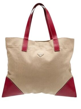 Vintage Prada Enameled Triangle Logo  Canapa Cinghi Canvas Tote Red Leather Trim